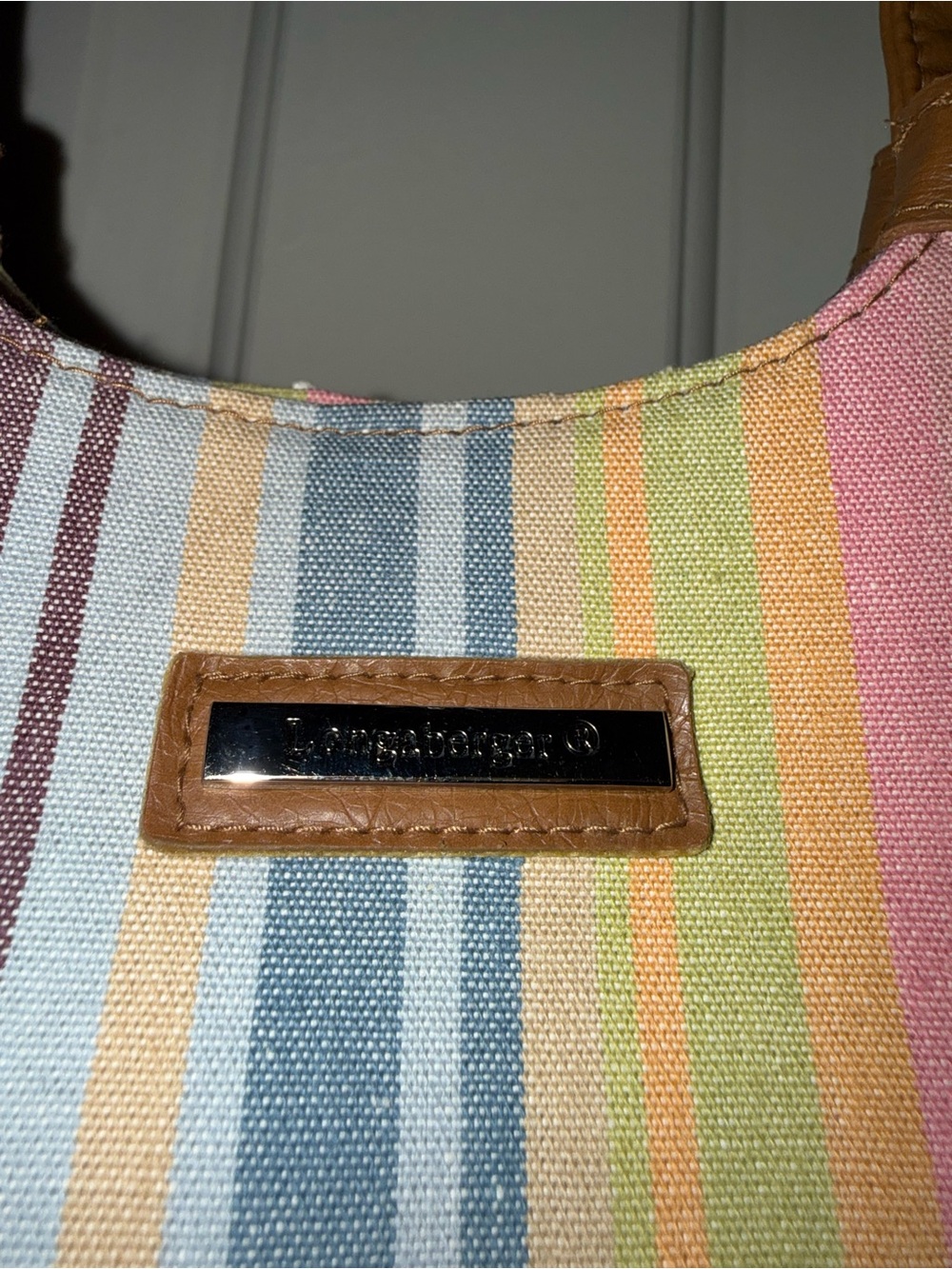 Longaberger Homestead Legacy Striped Canvas Tote Bag Brown Trim Pastel Shoulder - Picture 6 of 15